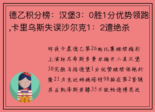 德乙积分榜：汉堡3：0胜1分优势领跑,卡里乌斯失误沙尔克1：2遭绝杀