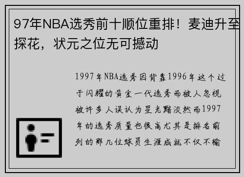 97年NBA选秀前十顺位重排！麦迪升至探花，状元之位无可撼动