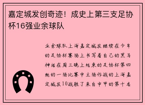 嘉定城发创奇迹！成史上第三支足协杯16强业余球队